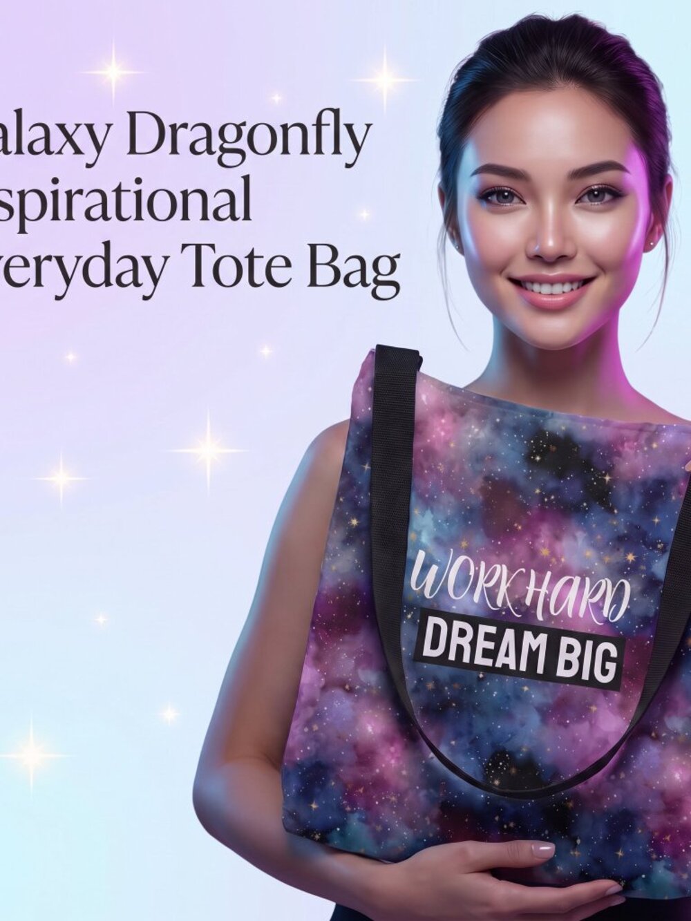 Galaxy Dragonfly Tote Bag Work Hard Dream Big Motivational Shoulder Bag